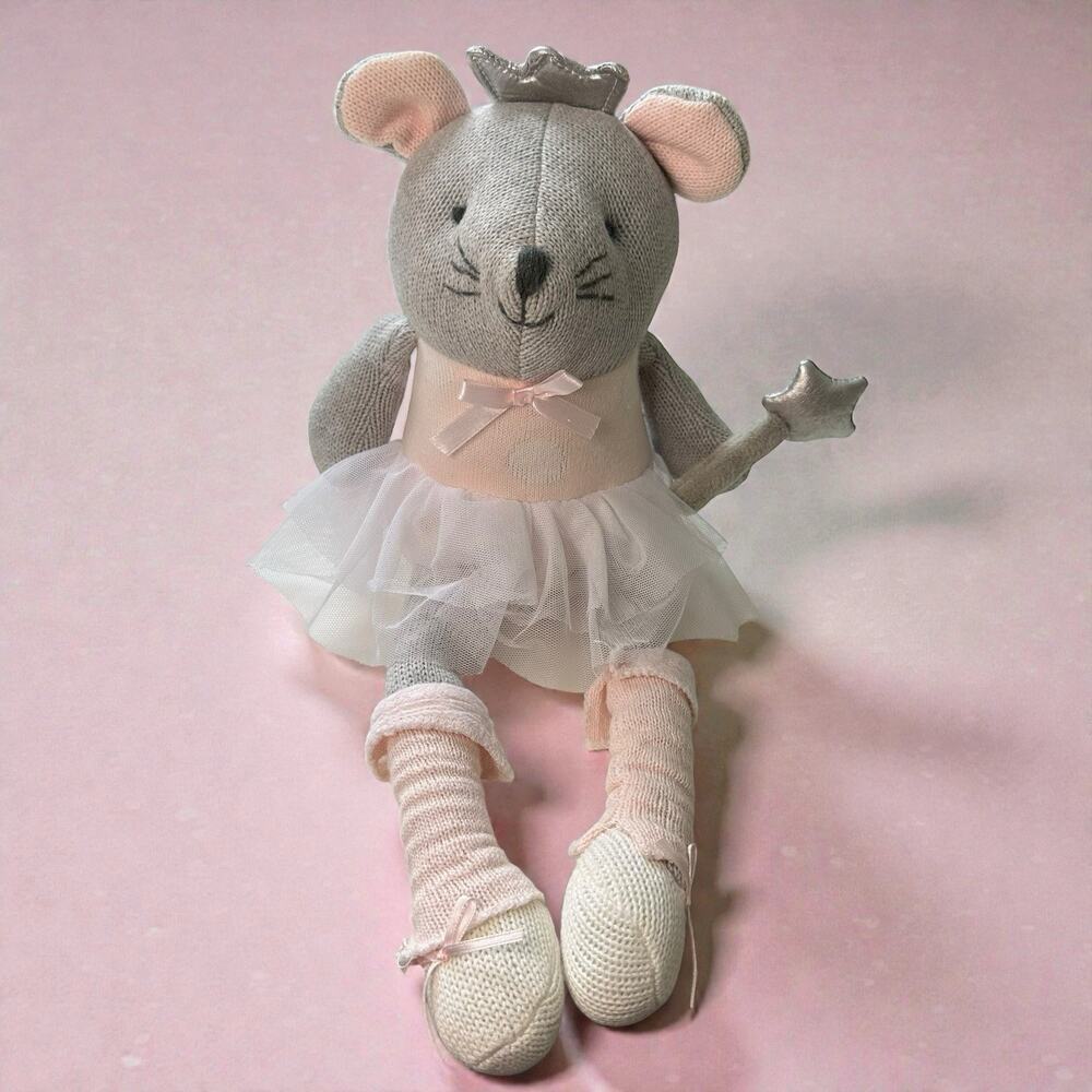 16" Elegant Baby Yarn Fairy Ballerina Mouse Plush Knit Princess Tutu Crown Bows